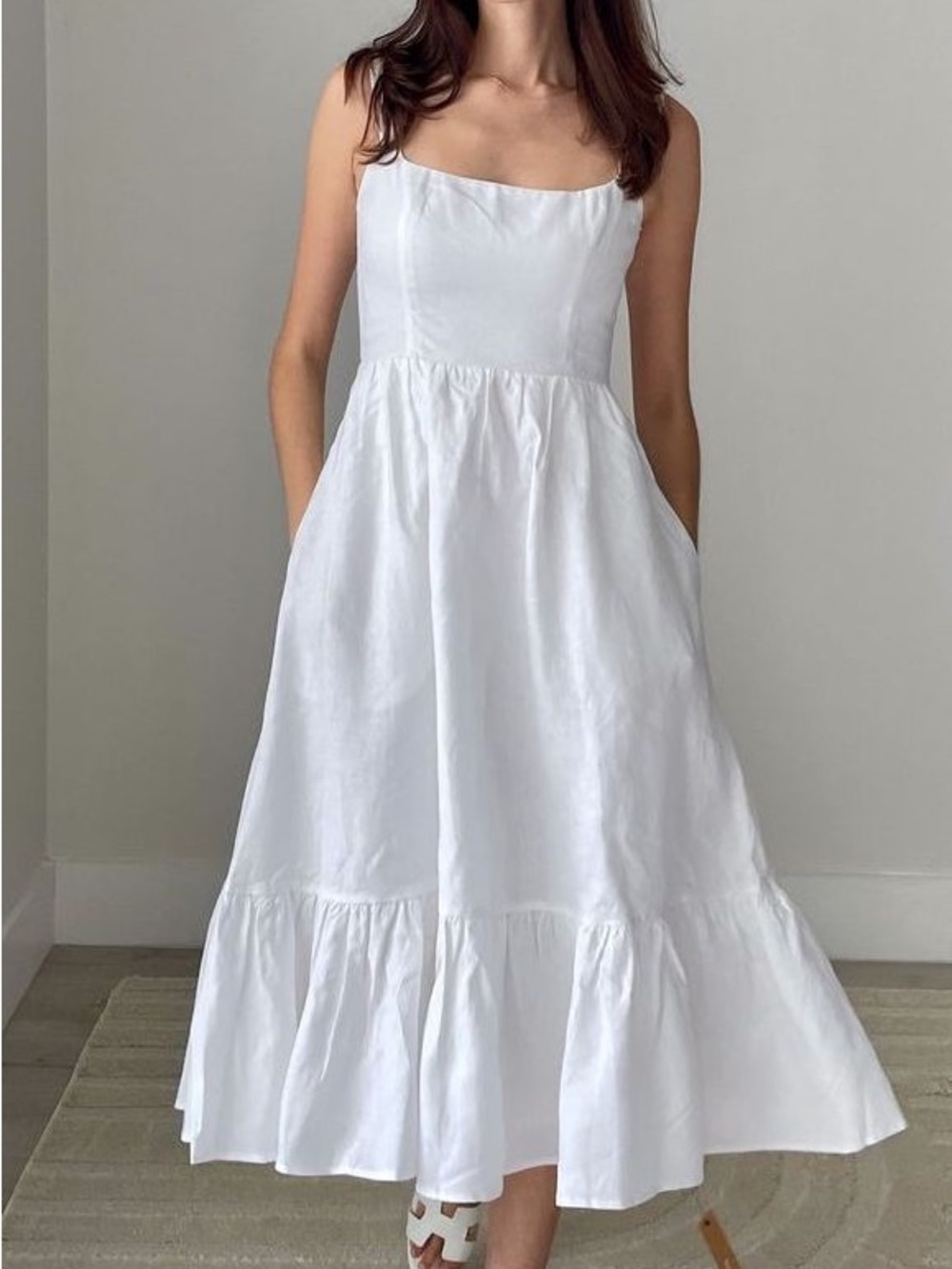 Reformation White Square-Neck Midi Sundress with Ruffle Hem